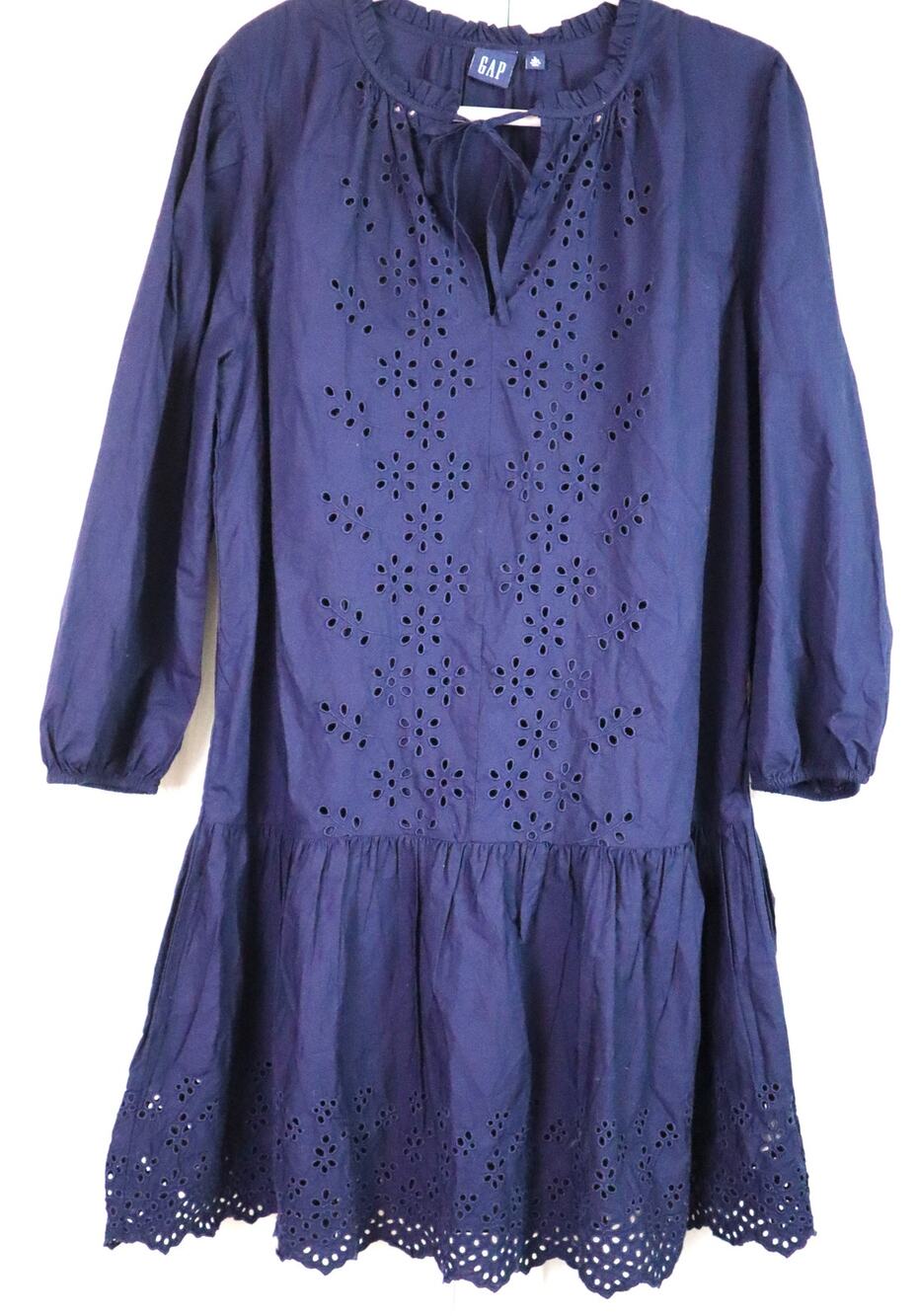 GAP Cotton Navy Blue Dress Eyelet Long Sleeve Ruffle Hem Womens Large TALL Knee